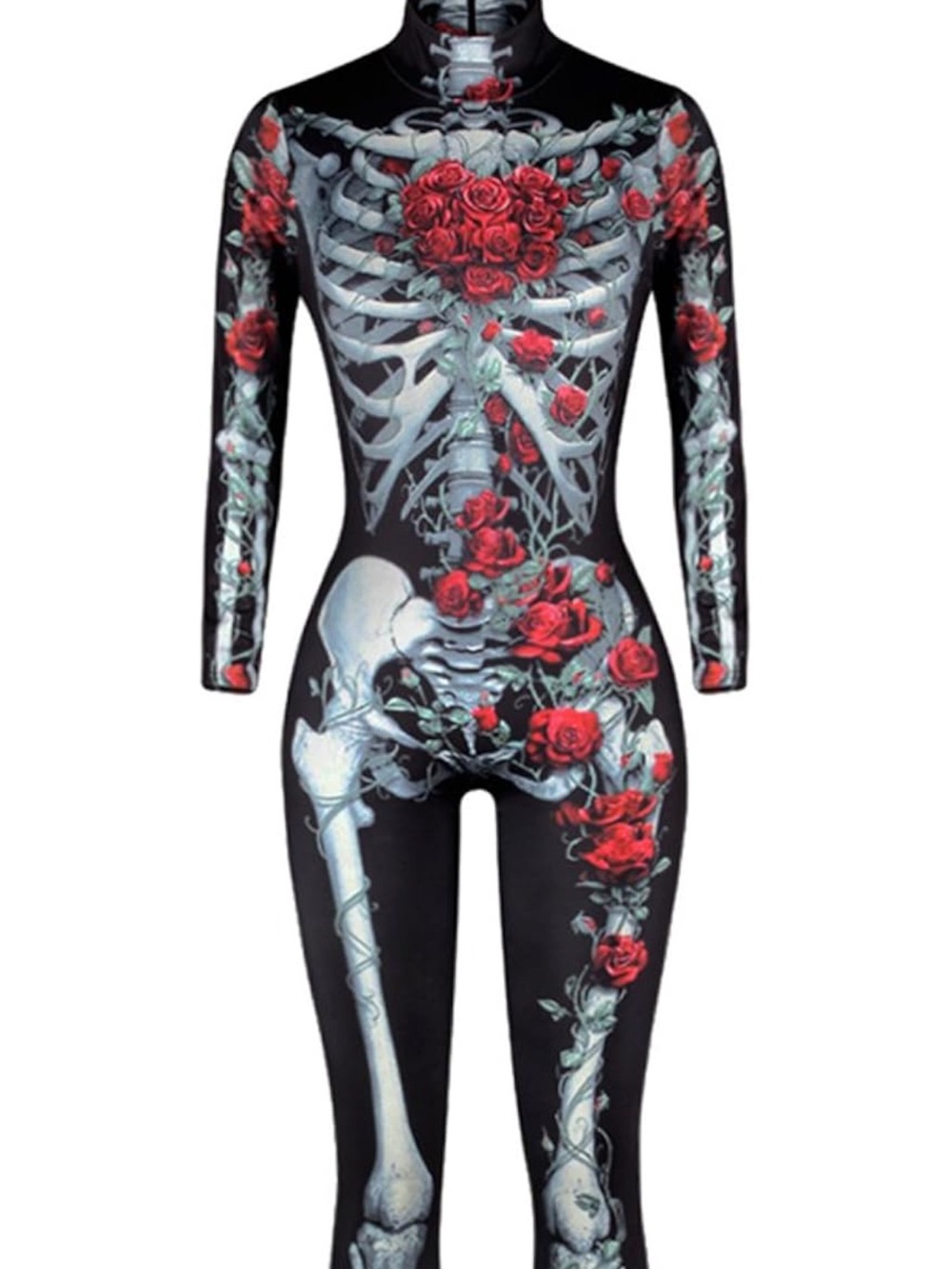 Women's Black Skeleton & Red Rose Print Jumpsuit